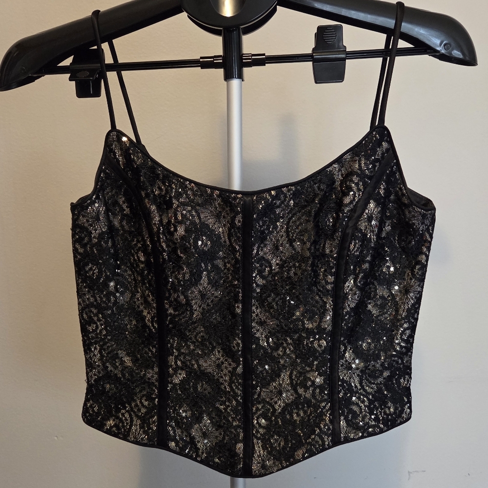 Vintage 90's Gunne Sax Jessica McClintock Black and Silver Lace Corset Camisole